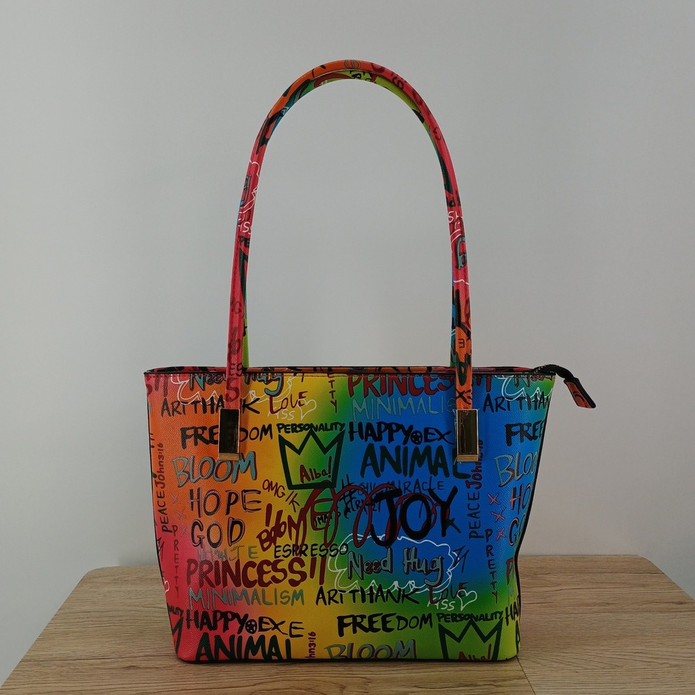 Alba Graffiti Tote Bag Rainbow Multi Color Art Print Shoulder Bag Gold Hardware